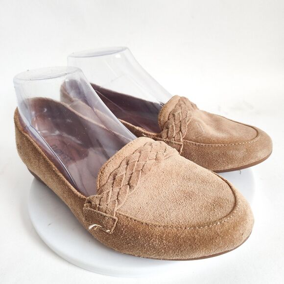 Born Suede Loafers Size 6.5 / 37 Flats Camel Tan Leather Braided Slip On Preppy - Picture 1 of 9